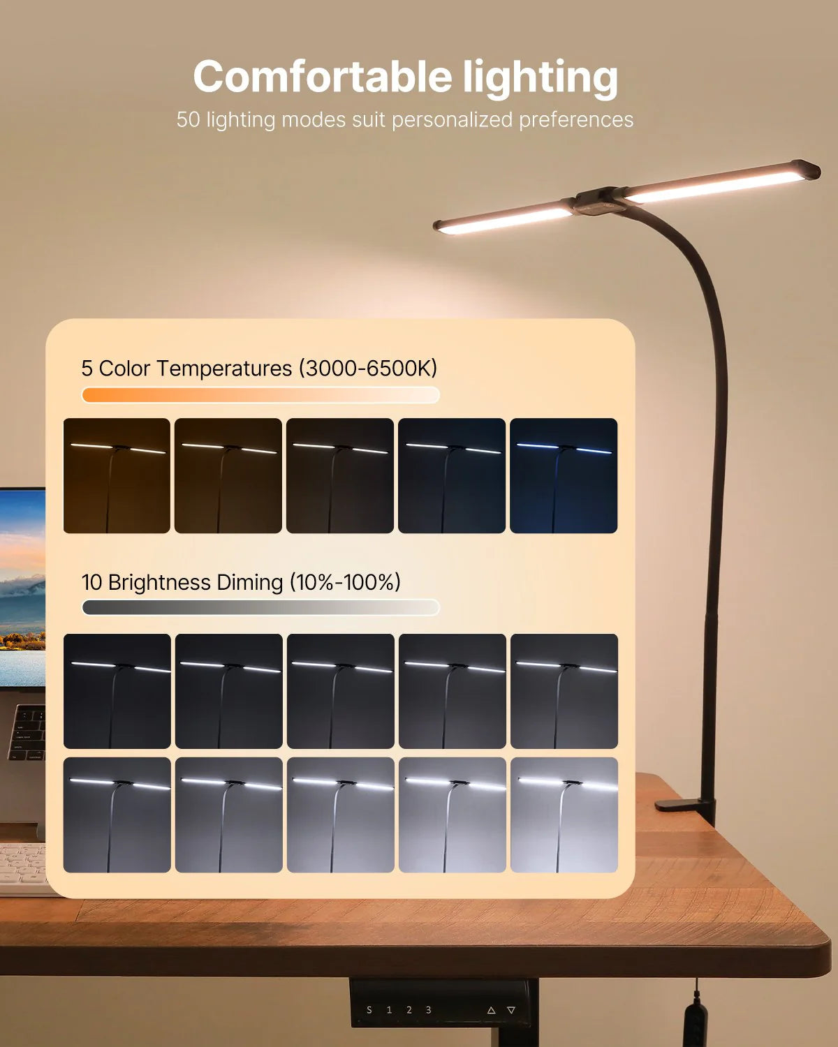 Professional LED Desk Lamp with Dual Adjustable Gooseneck and Clamp Design