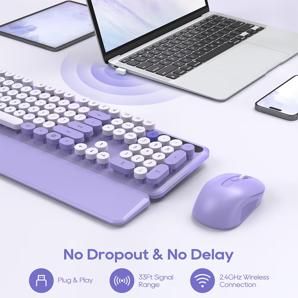 Wireless Keyboard & Mouse Set– Retro round Keycaps, Detachable Wrist Rest, 2.4Ghz Cordless Connection for Mac/Windows/Pc-Purple