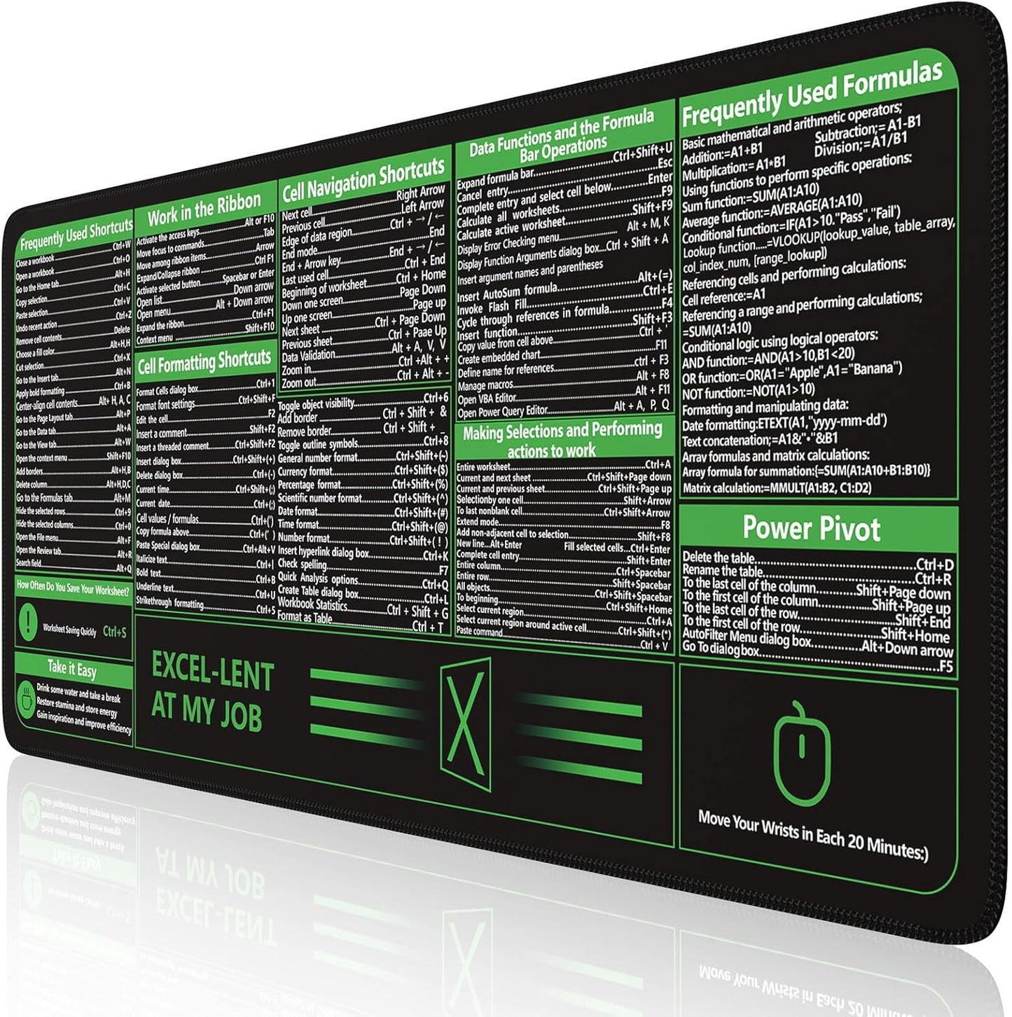 Excel Shortcut Desk Pad and Mouse Mat - XXL Non-Slip Desk Mat with Stitched Edges for Improved Productivity