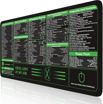 Excel Shortcut Desk Pad and Mouse Mat - XXL Non-Slip Desk Mat with Stitched Edges for Improved Productivity