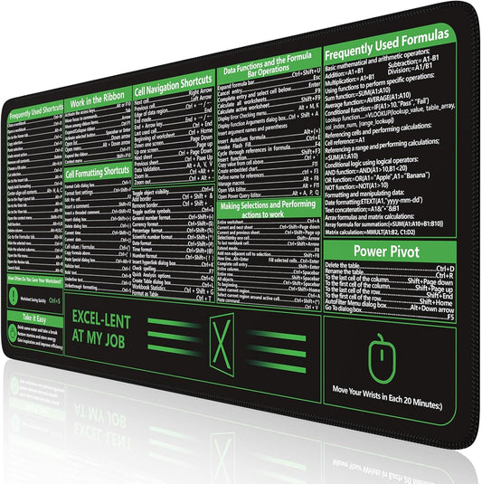 Excel Shortcut Desk Pad and Mouse Mat - XXL Non-Slip Desk Mat with Stitched Edges for Improved Productivity