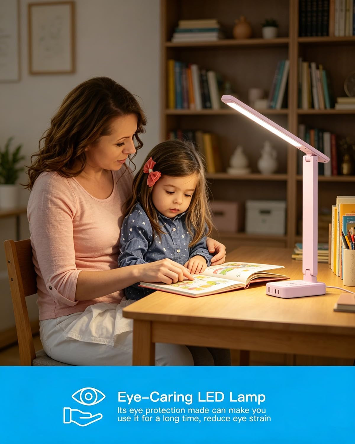 Small LED Desk Lamp Power Strip 5Ft Extension Cord with 3 Outlets 4 USB Ports(2 USB C), 4 Modes, 5 Level Touch Lamp Study Reading Light, Home Office Bedroom College Dorm Room Essentials, Pink