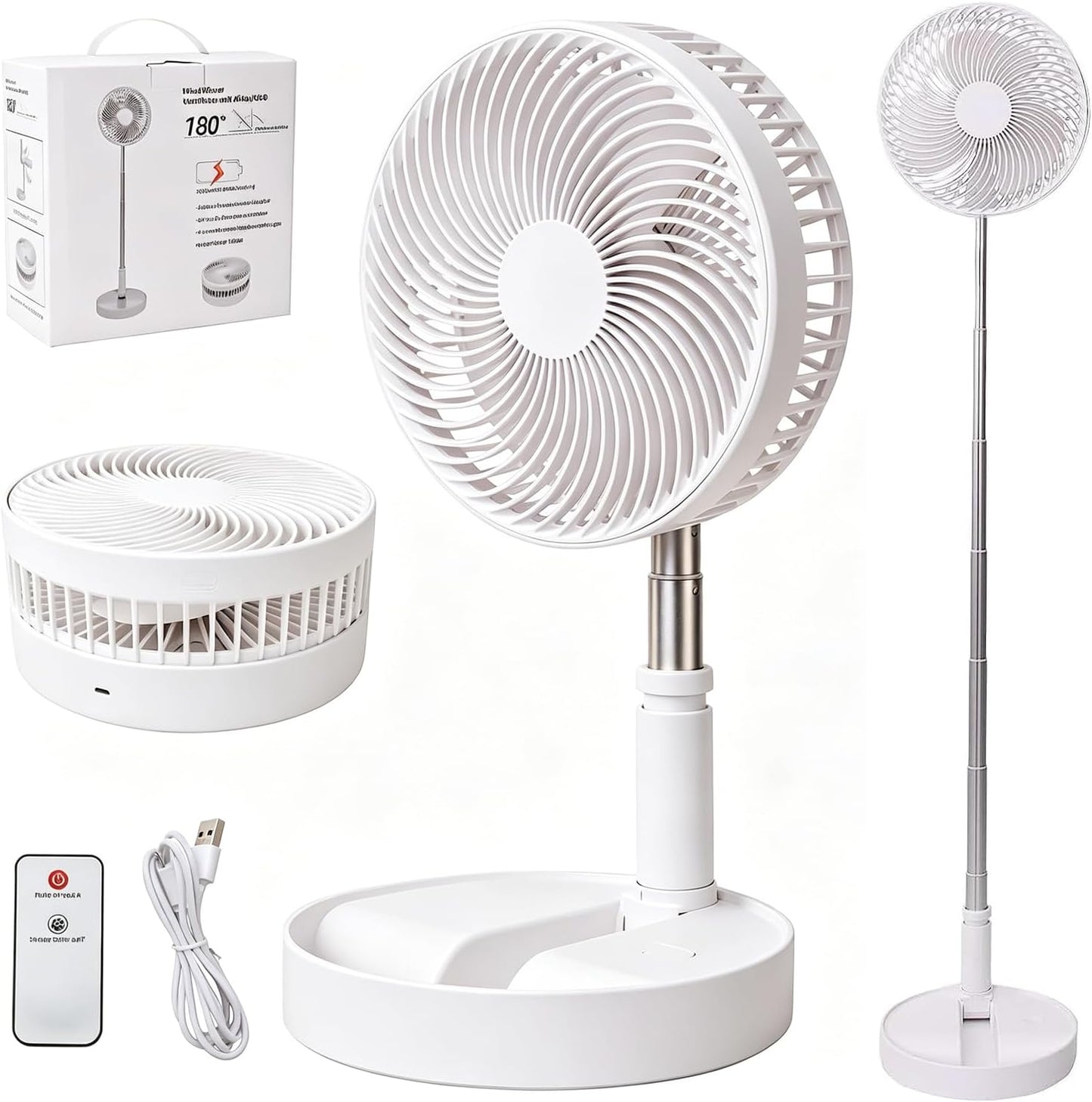 Portable Desk Fan,Foldable Fan Pedestal Stand Floor Fan with Remote Controller Adjustable Height from 14.2'' to 39'', 4 Speeds, 7200Mah Rechargeable Telescopic USB Charging