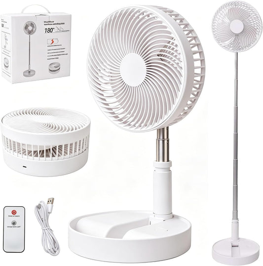 Portable Desk Fan,Foldable Fan Pedestal Stand Floor Fan with Remote Controller Adjustable Height from 14.2'' to 39'', 4 Speeds, 7200Mah Rechargeable Telescopic USB Charging