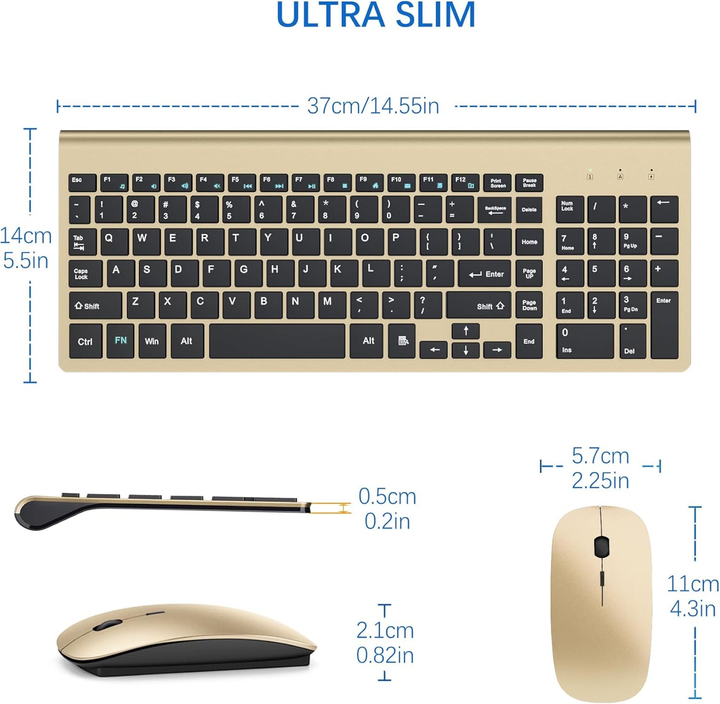 Wireless Keyboard and Mouse Ultra Slim Combo,  2.4G Silent Compact USB 2400DPI Mouse and Scissor Switch Keyboard Set with Cover, Batteries Included, for Pc/Laptop/Windows/Mac - Gold Black