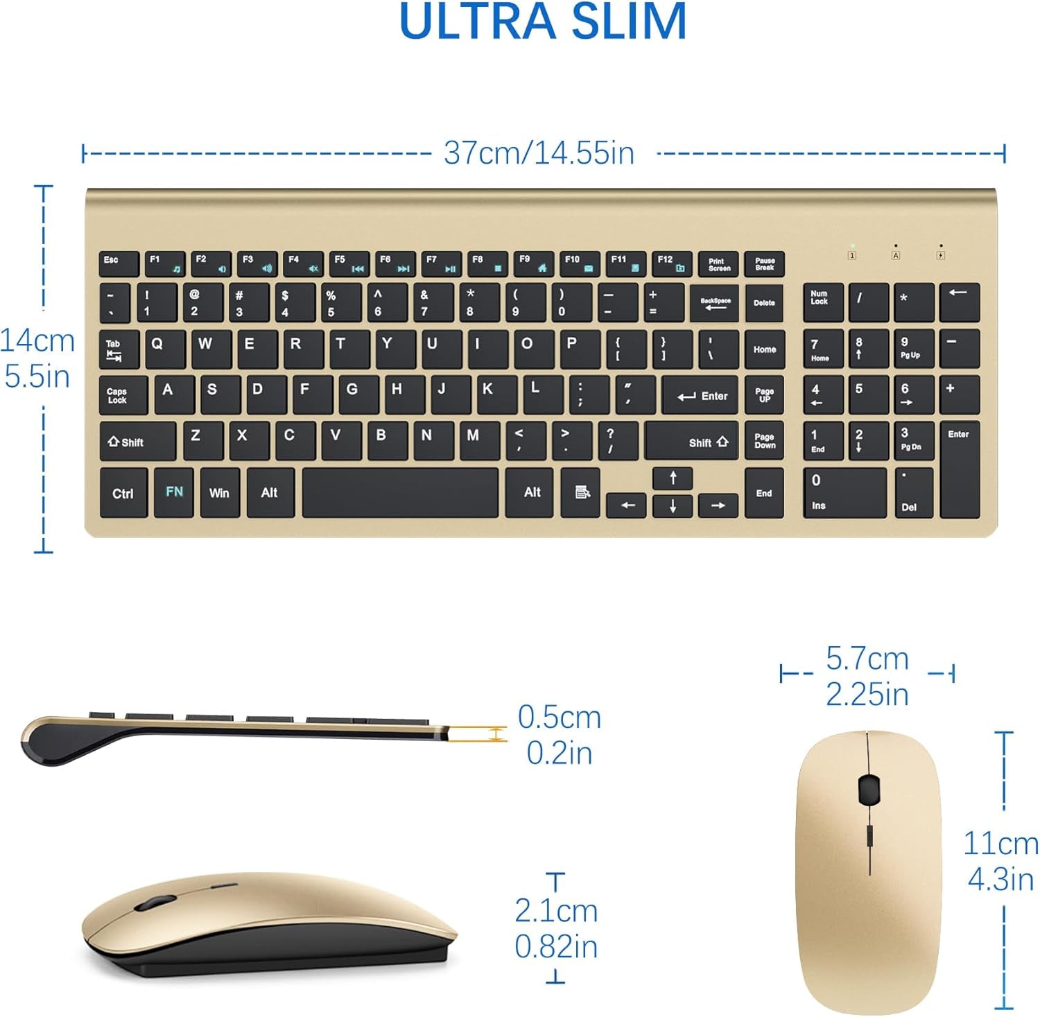 Wireless Keyboard and Mouse Ultra Slim Combo,  2.4G Silent Compact USB 2400DPI Mouse and Scissor Switch Keyboard Set with Cover, Batteries Included, for Pc/Laptop/Windows/Mac - Gold Black