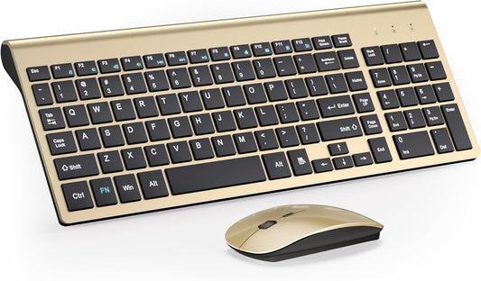 Wireless Keyboard and Mouse Ultra Slim Combo,  2.4G Silent Compact USB 2400DPI Mouse and Scissor Switch Keyboard Set with Cover, Batteries Included, for Pc/Laptop/Windows/Mac - Gold Black