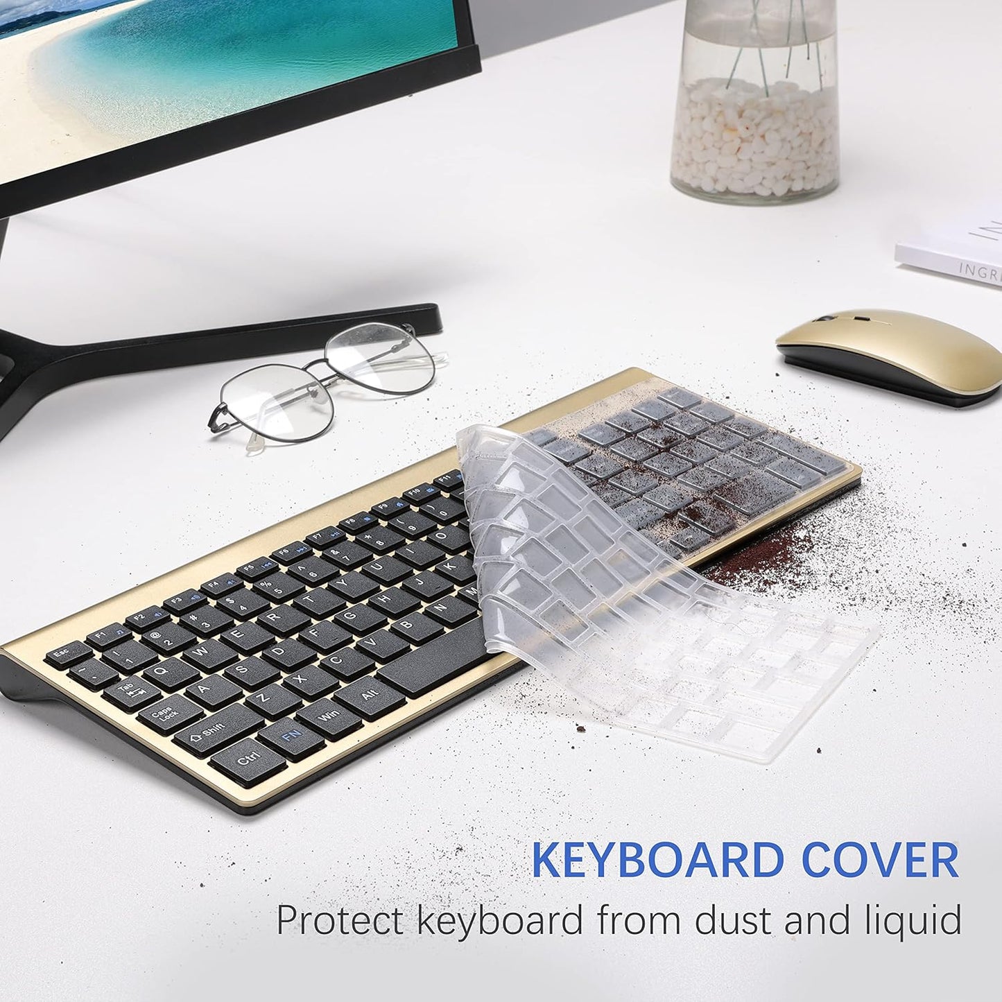 Wireless Keyboard and Mouse Ultra Slim Combo,  2.4G Silent Compact USB 2400DPI Mouse and Scissor Switch Keyboard Set with Cover, Batteries Included, for Pc/Laptop/Windows/Mac - Gold Black