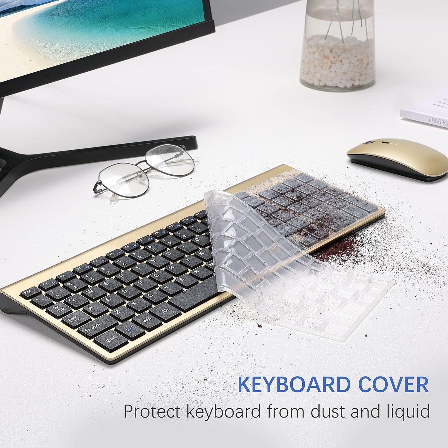 Wireless Keyboard and Mouse Ultra Slim Combo,  2.4G Silent Compact USB 2400DPI Mouse and Scissor Switch Keyboard Set with Cover, Batteries Included, for Pc/Laptop/Windows/Mac - Gold Black