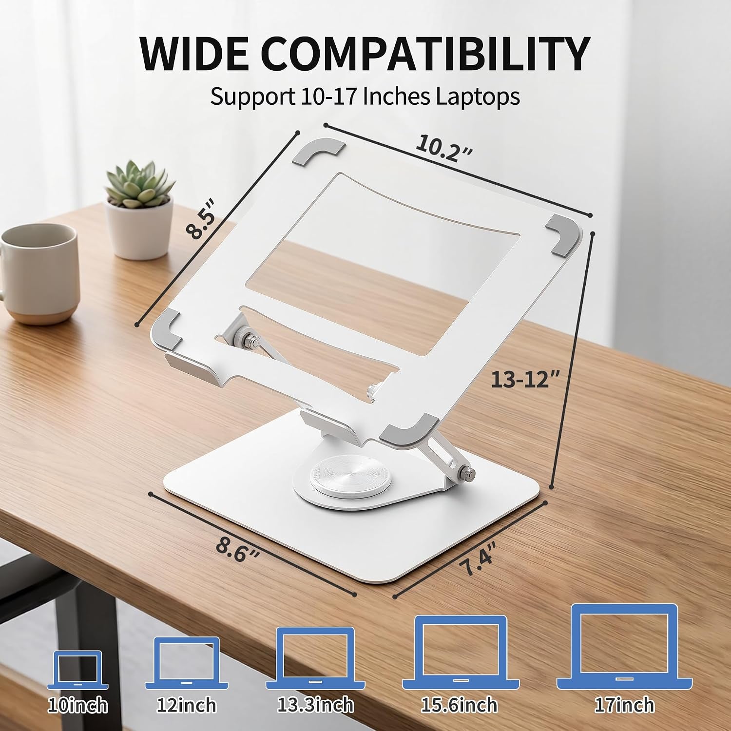 Laptop Stand for Desk with 360° Rotating Base, Multi-Angle Adjustable Laptop Stands, Foldable Laptop Riser Compatible with 10 to 17 Inches PC Computer, White