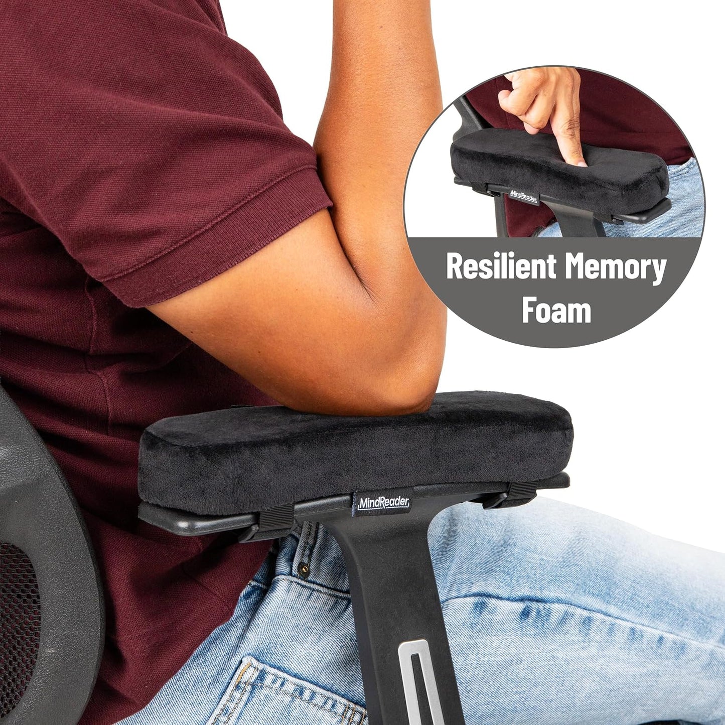 Air-Cloud Memory Foam Armrest Cushions for Office and Gaming Chairs, Elbow Support with Removable Washable Cover, Black