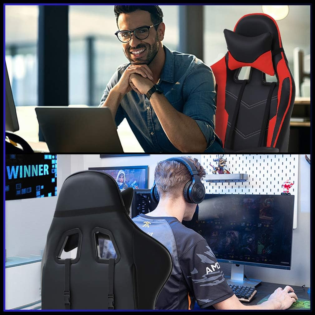 Ergonomic Red Gaming Chair with Recline Function, Lumbar Support, Headrest Pillow, and Adjustable Footrests - 360-Degree Swivel and Heavy-Duty Wheels for Home and Office Use