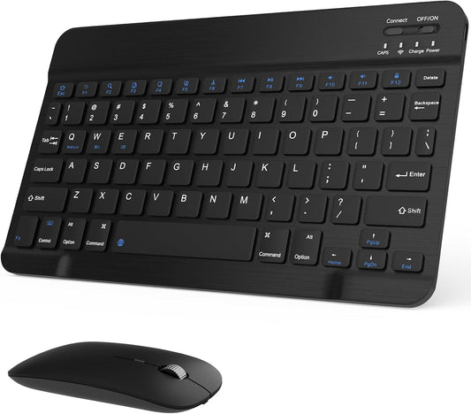 Rechargeable Bluetooth Keyboard and Mouse Combo, Universal Ultra-Slim Wireless Keyboard Mouse Set for Android Windows Ipad Iphone Samsung Tablet Portable Compact Keyboard Set (Black)