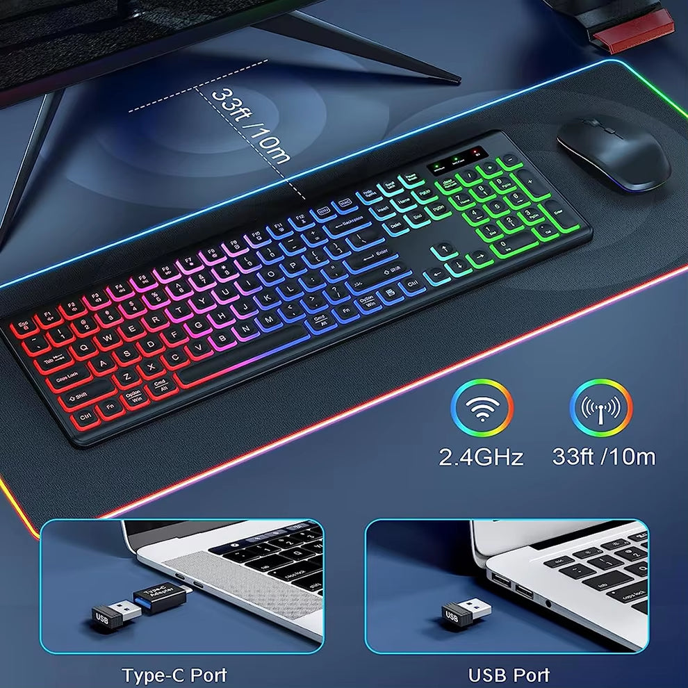 Rechargeable 2.4G Wireless Keyboard and Mouse Combo with RGB Backlighting - Full-Size Ergonomic Type-C Design