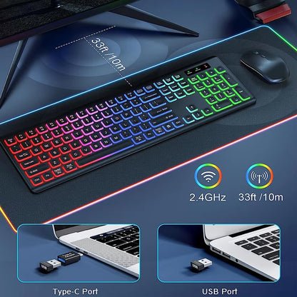 Rechargeable 2.4G Wireless Keyboard and Mouse Combo with RGB Backlighting - Full-Size Ergonomic Type-C Design