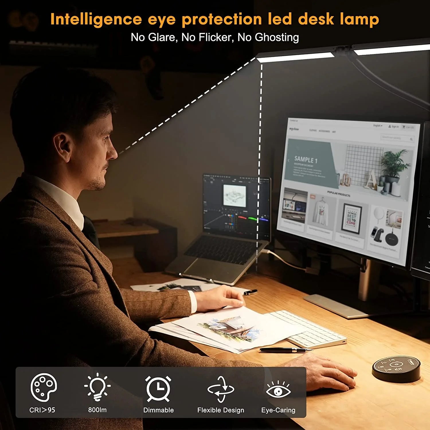 LED Desk Lamp for Home Office - 24W Architect Table Lamp with Clamp Adjustable Head Stepless Dimming Work Light