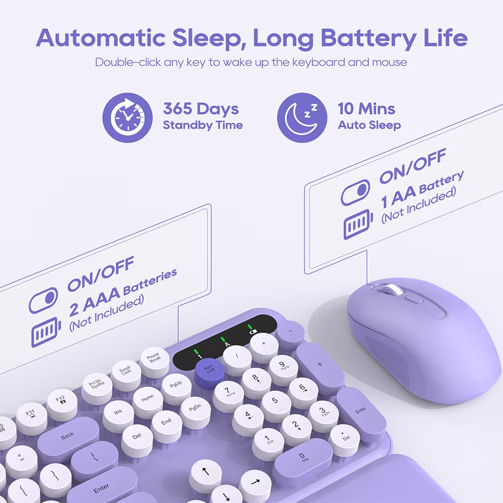 Wireless Keyboard & Mouse Set– Retro round Keycaps, Detachable Wrist Rest, 2.4Ghz Cordless Connection for Mac/Windows/Pc-Purple