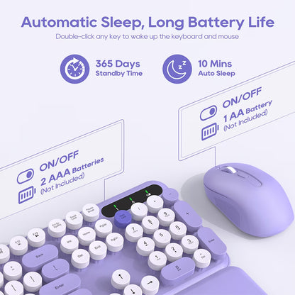 Wireless Keyboard & Mouse Set– Retro round Keycaps, Detachable Wrist Rest, 2.4Ghz Cordless Connection for Mac/Windows/Pc-Purple