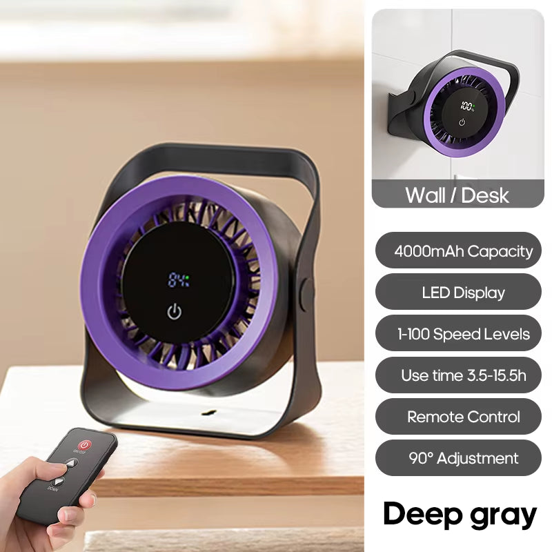 4000mAh Rechargeable Wall Fan - 100 Speed Adjustable Portable Desk Fan with Remote Control for Outdoor Cooling
