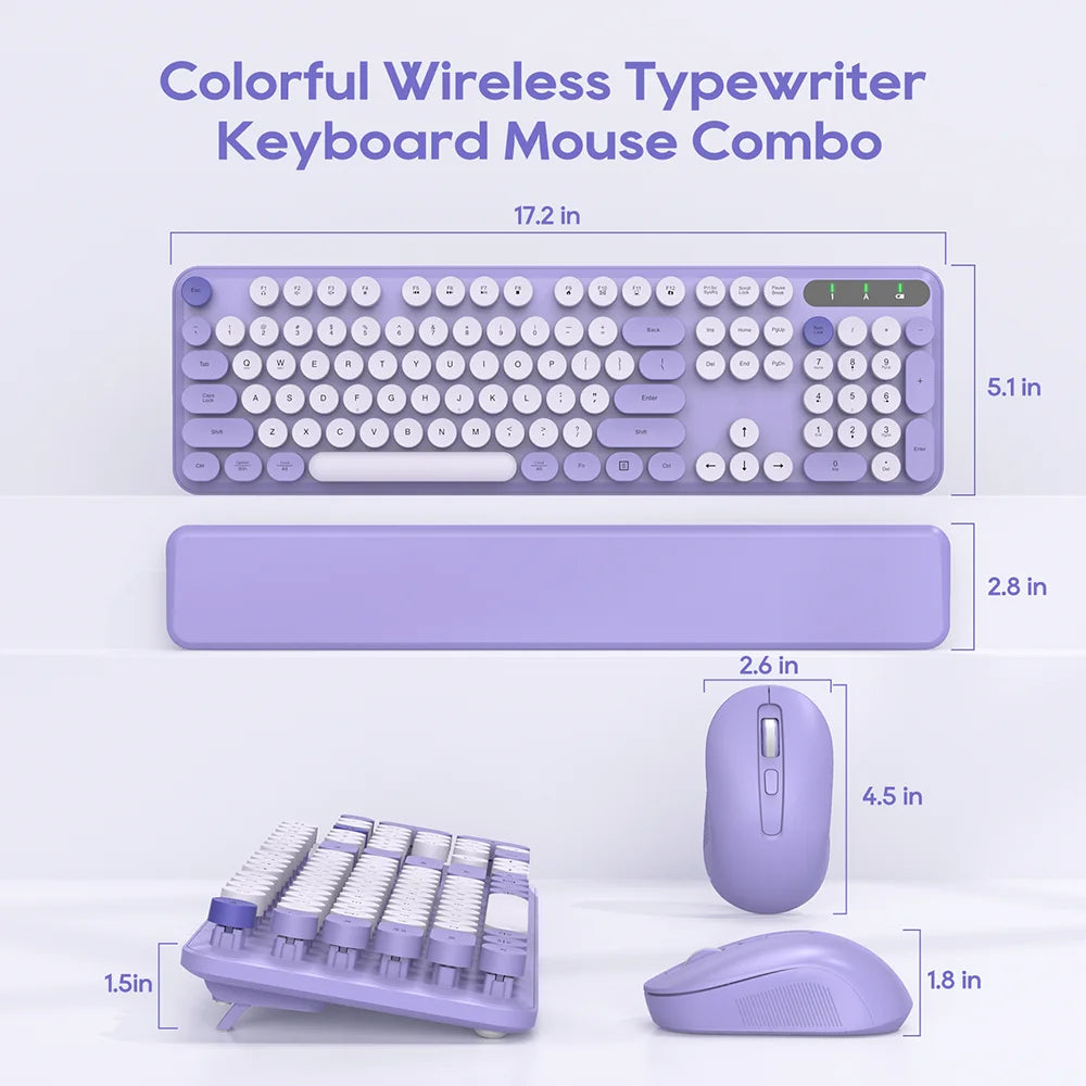 Wireless Keyboard & Mouse Set– Retro round Keycaps, Detachable Wrist Rest, 2.4Ghz Cordless Connection for Mac/Windows/Pc-Purple
