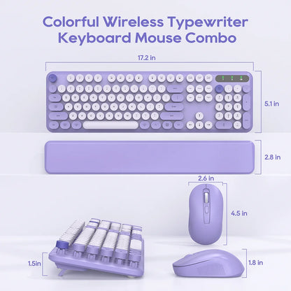 Wireless Keyboard & Mouse Set– Retro round Keycaps, Detachable Wrist Rest, 2.4Ghz Cordless Connection for Mac/Windows/Pc-Purple