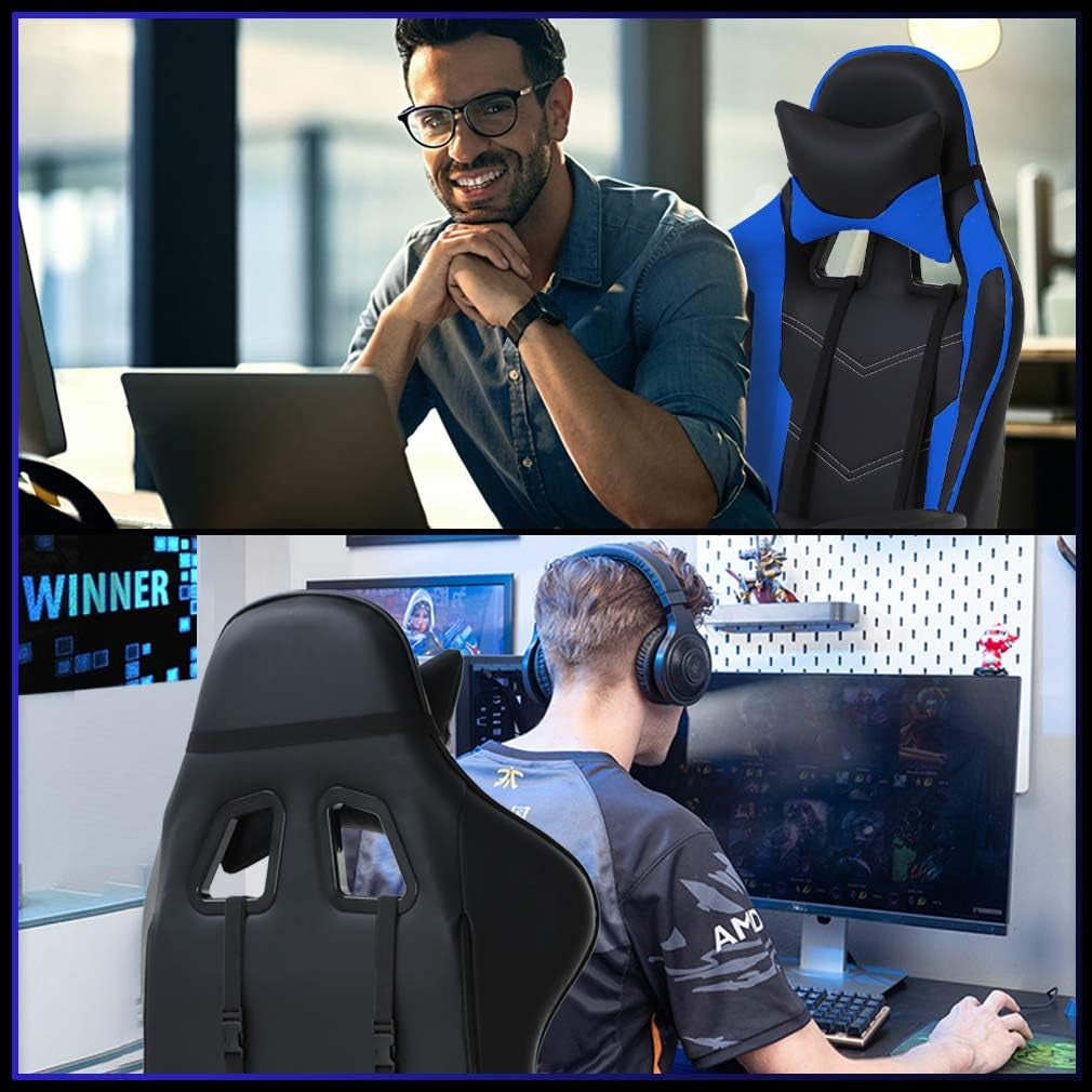 Ergonomic Blue Gaming Chair | Reclining Computer Chair with Lumbar Support, Headrest Pillow, and Adjustable Footrests | 360-Degree Swivel with Heavy-Duty Wheels | Ideal for Home and Office