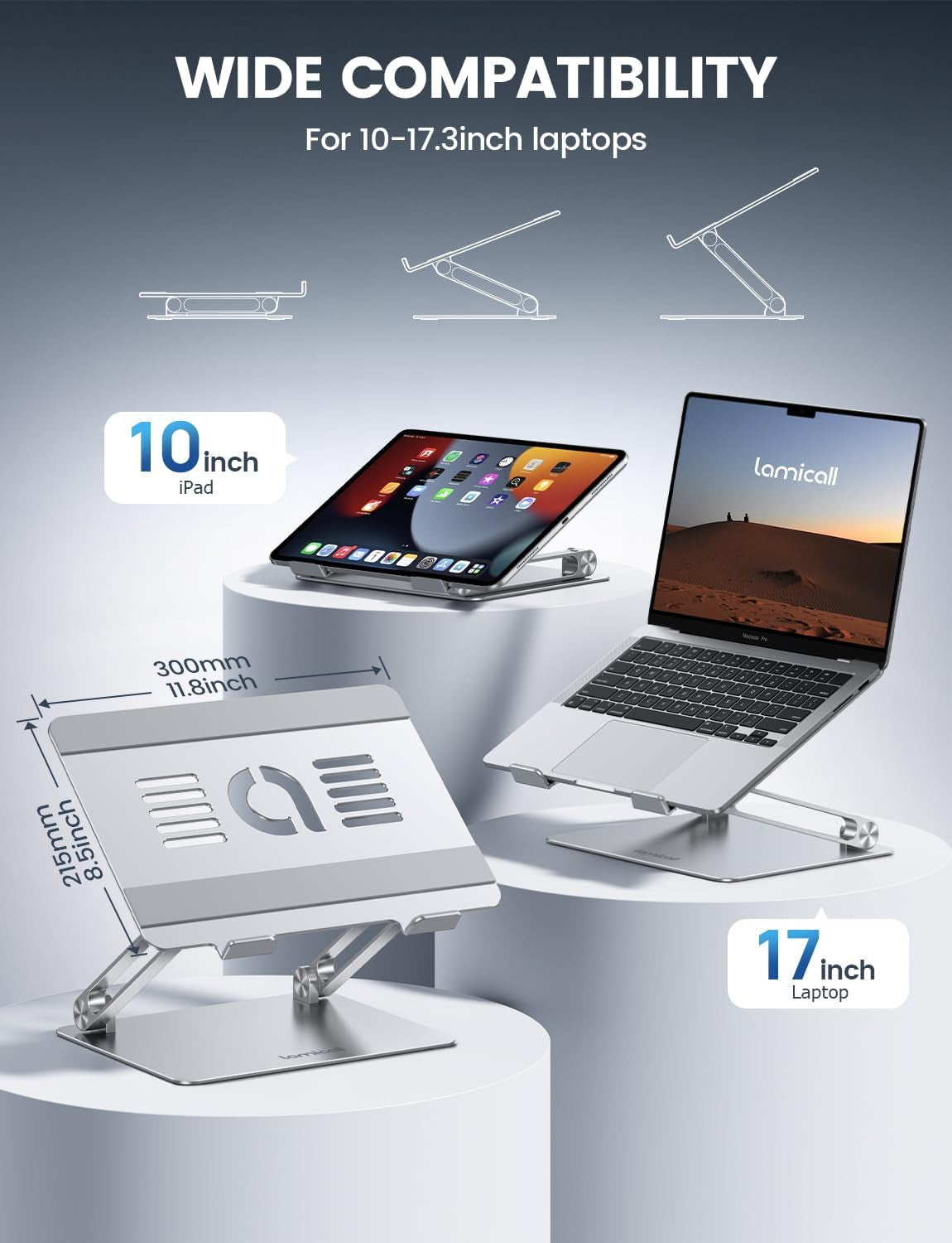 Adjustable Laptop Stand, Portable Laptop Riser, Aluminum Laptop Stand for Desk Foldable, Ergonomic Computer Notebook Holder for Macbook Air Pro HP, Office Desk Accessories (10-17.3'')- Silver