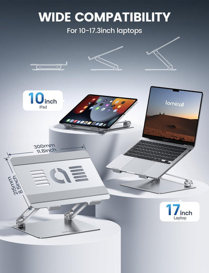 Adjustable Laptop Stand, Portable Laptop Riser, Aluminum Laptop Stand for Desk Foldable, Ergonomic Computer Notebook Holder for Macbook Air Pro HP, Office Desk Accessories (10-17.3'')- Silver