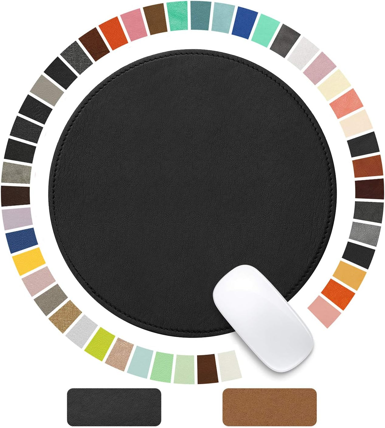 Round Leather Mouse Pad with Stitched Edge and Non-Slip Waterproof Microfiber Base, 9 x 9 Inches (Charcoal Black)