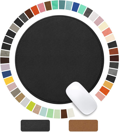 Round Leather Mouse Pad with Stitched Edge and Non-Slip Waterproof Microfiber Base, 9 x 9 Inches (Charcoal Black)