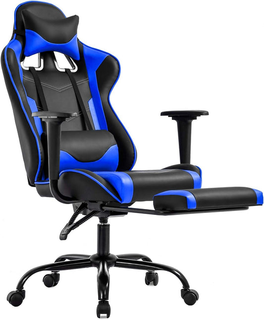 Ergonomic Blue Gaming Chair | Reclining Computer Chair with Lumbar Support, Headrest Pillow, and Adjustable Footrests | 360-Degree Swivel with Heavy-Duty Wheels | Ideal for Home and Office