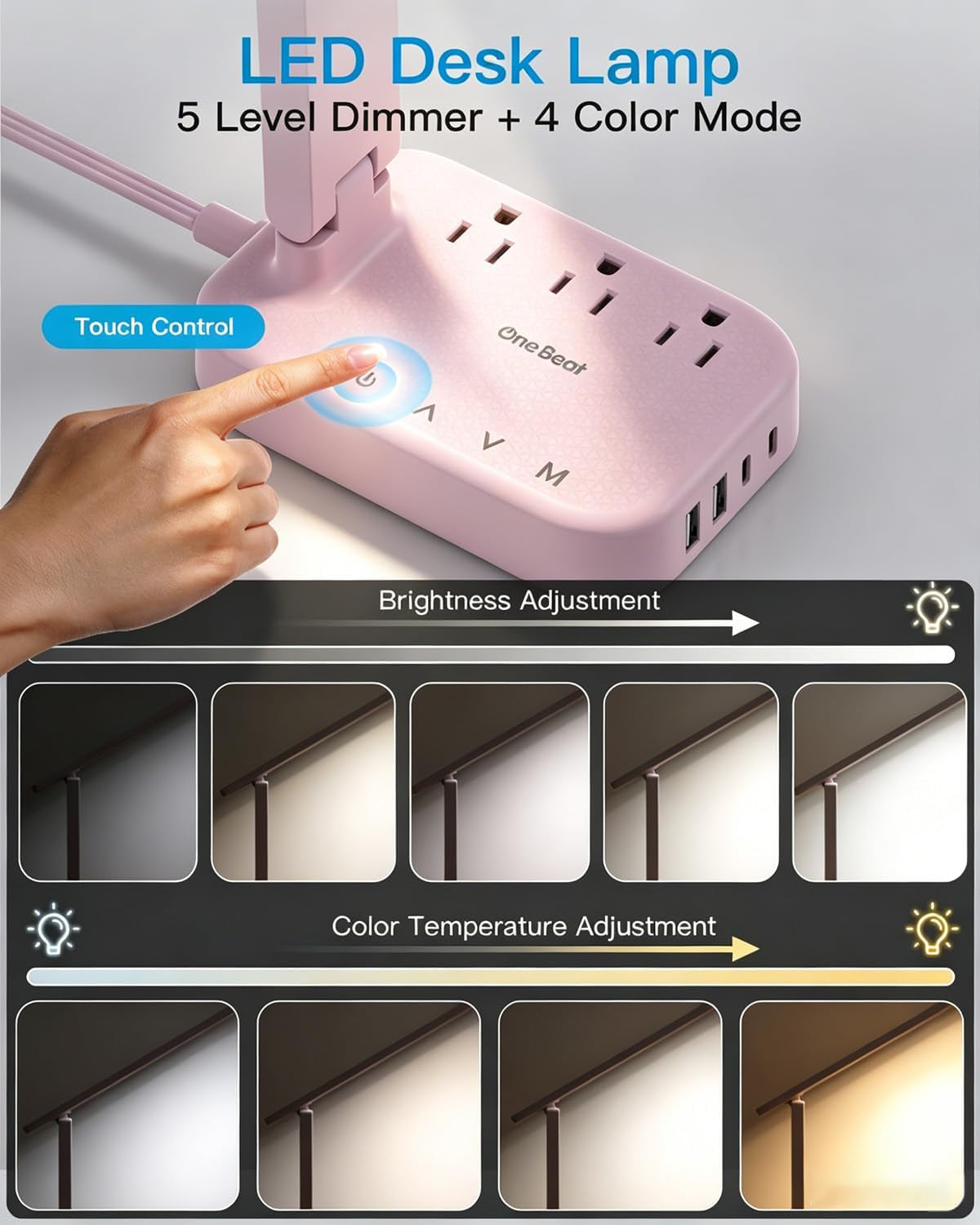 Small LED Desk Lamp Power Strip 5Ft Extension Cord with 3 Outlets 4 USB Ports(2 USB C), 4 Modes, 5 Level Touch Lamp Study Reading Light, Home Office Bedroom College Dorm Room Essentials, Pink