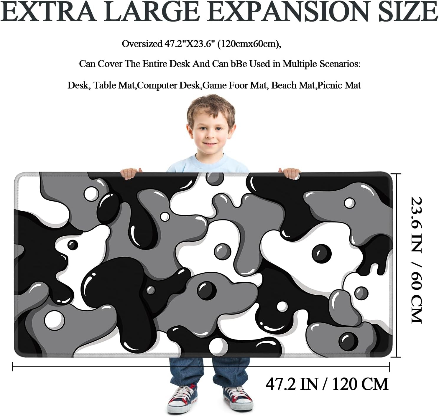 Large Waterproof Non-Slip Gaming Mouse Pad with Black Spotted Dog Design (47.2" x 23.6", 3mm Thickness)