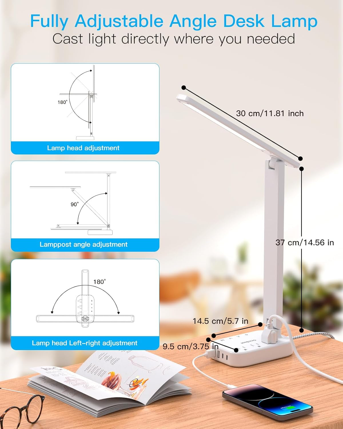 Small LED Desk Lamp Power Strip 10Ft Extension Cord, 3 Outlets 4 USB Ports(2 USB C), 4 Modes, 5 Level Touch Lamp, Study Reading Light, Home Office Bedroom College Dorm Room Essentials, White