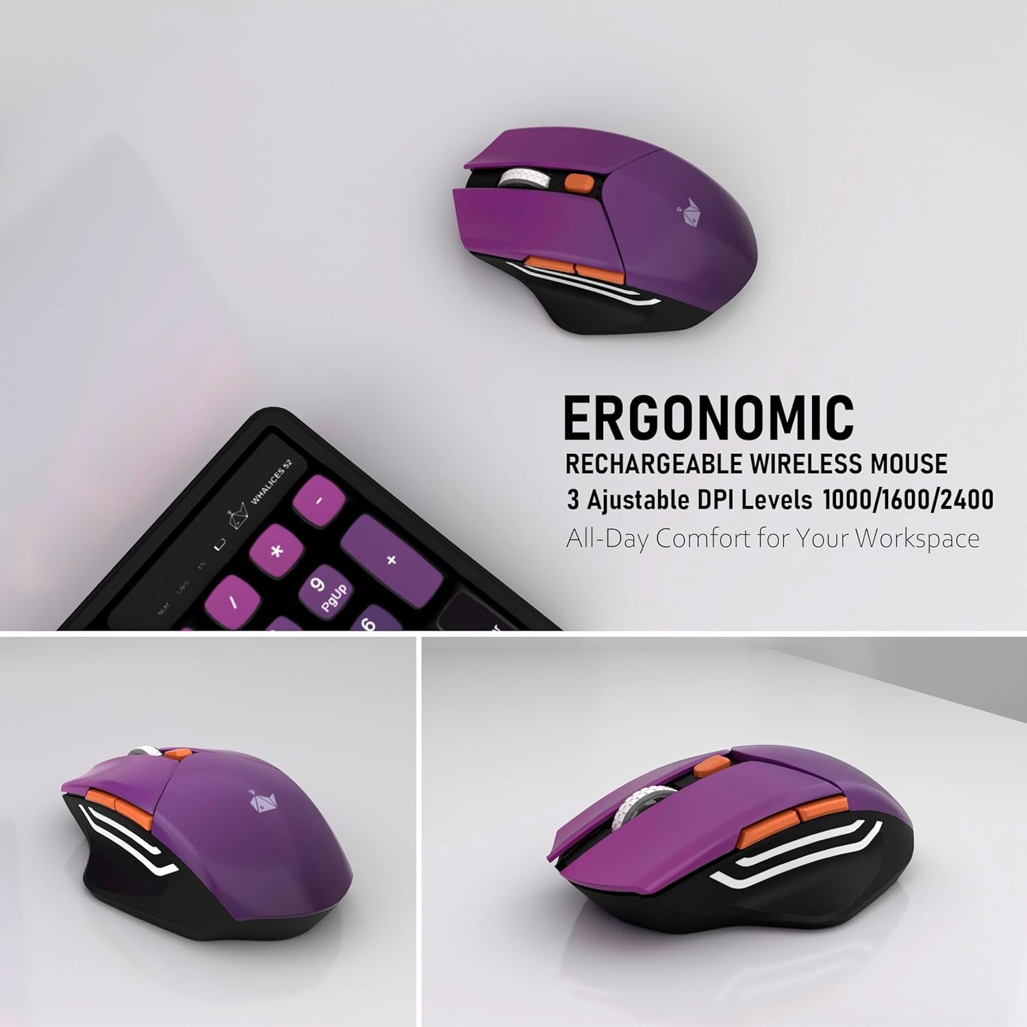 Wireless Keyboard and Mouse Combo, Rechargeable and Quiet, Full-Size with Number Pad, MDA Sculpted Keycaps, Ergonomic Mouse, 2.4Ghz Cordless Plug & Play for Windows PC Laptop Desktop(Lavender Purple
