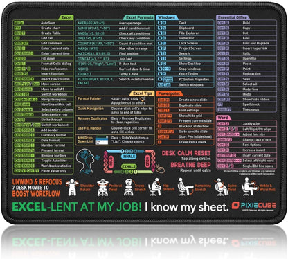 Excel Shortcut Mouse Pad with Windows, Word, and PowerPoint Shortcuts - Compact Non-Slip Stitched Desk Pad for Enhanced Gaming and Workstation Performance