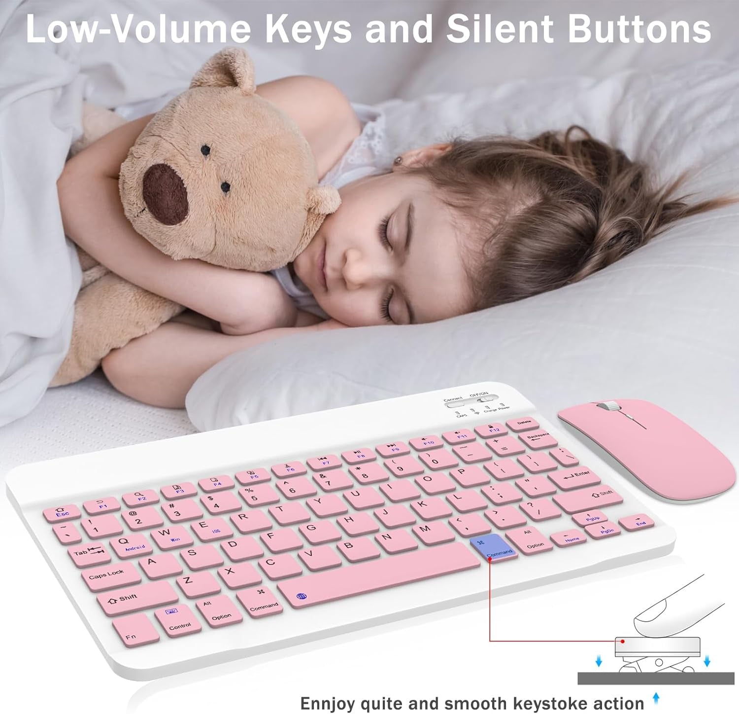 Rechargeable Bluetooth Keyboard and Mouse Combo, Universal Ultra-Slim Wireless Keyboard Mouse Set for Android Windows Ipad Iphone Samsung Tablet Portable Compact Keyboard Set (Pink)