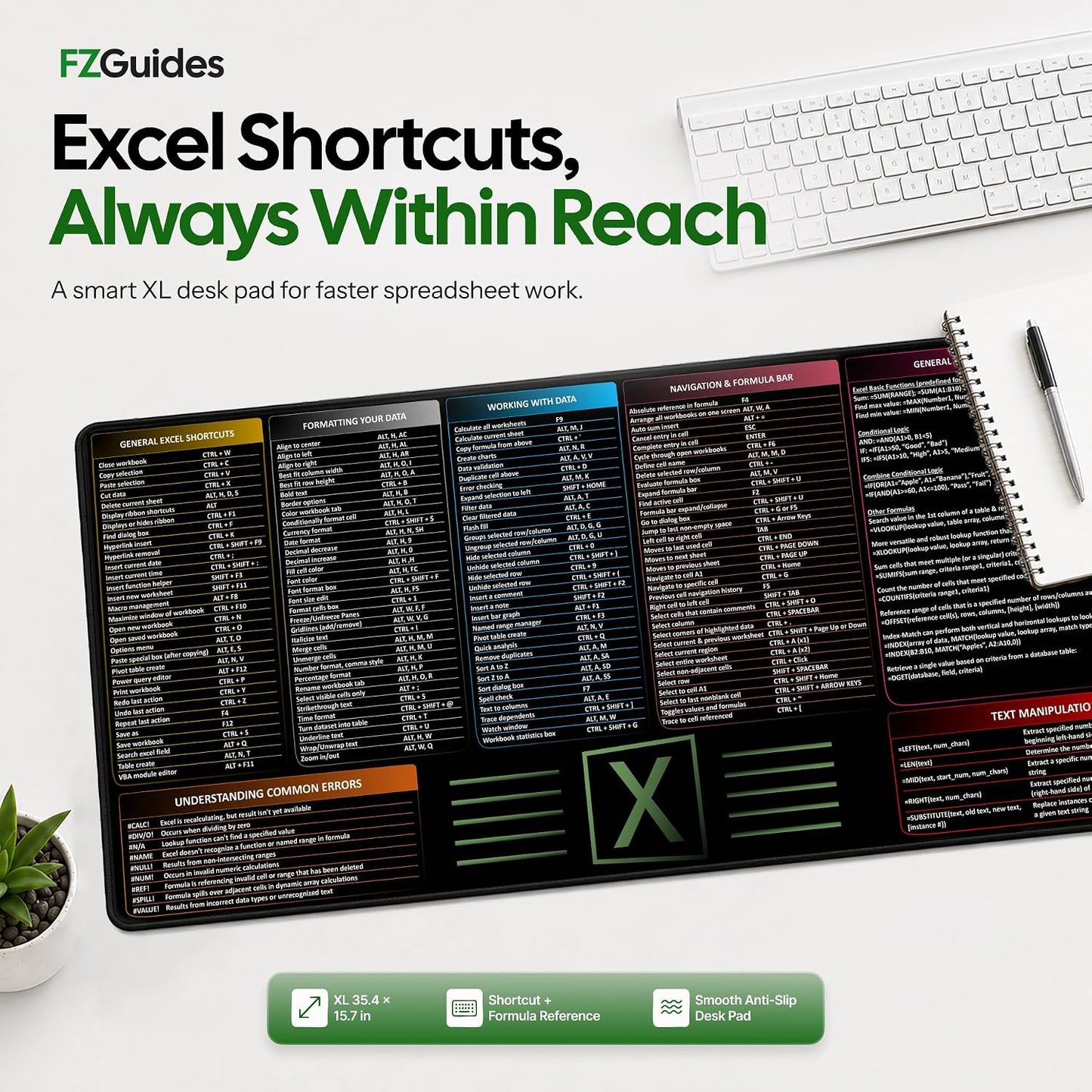 Large Excel Reference Desk Pad - Extended Mouse Mat Featuring Shortcut Keys and Formulas, Waterproof, XL Size 35.5" x 15.7