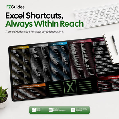 Large Excel Reference Desk Pad - Extended Mouse Mat Featuring Shortcut Keys and Formulas, Waterproof, XL Size 35.5" x 15.7