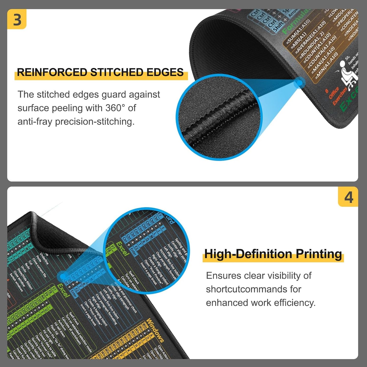 Mouse Pad for Excel/Word/Powerpoint/Windows Shortcuts – Small Excel Cheat Sheet Desk Pad – 11.8"X9.8" Portable Computer Mousepad – Gaming, Office, Waterproof, Non-Slip, Stitched Edges