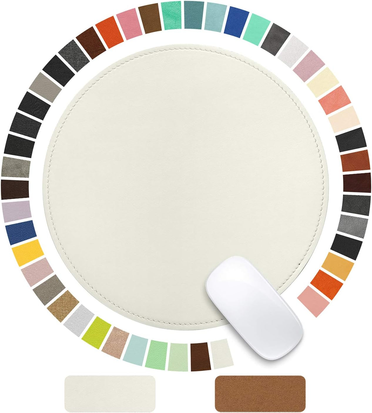 Round Leather Mouse Pad with Stitched Edge and Non-Slip Waterproof Microfiber Base, 9 x 9 Inches (Charcoal Black)