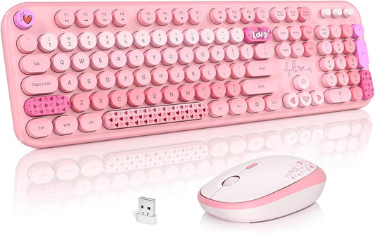 Wireless Keyboard and Mouse Combo, Cute Keyboard Full Size and Wireless Mouse, 2.4Ghz Retro Typewriter Keyboard Wireless Mouse Set for Pc/Desktop/Laptop/Windows (Pink Colorful)