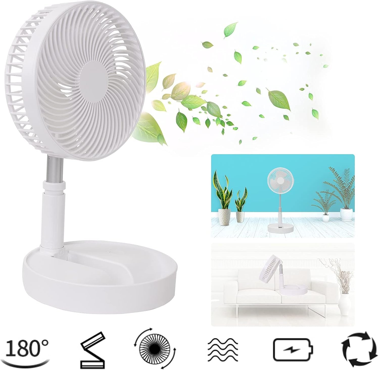 Portable Desk Fan,Foldable Fan Pedestal Stand Floor Fan with Remote Controller Adjustable Height from 14.2'' to 39'', 4 Speeds, 7200Mah Rechargeable Telescopic USB Charging