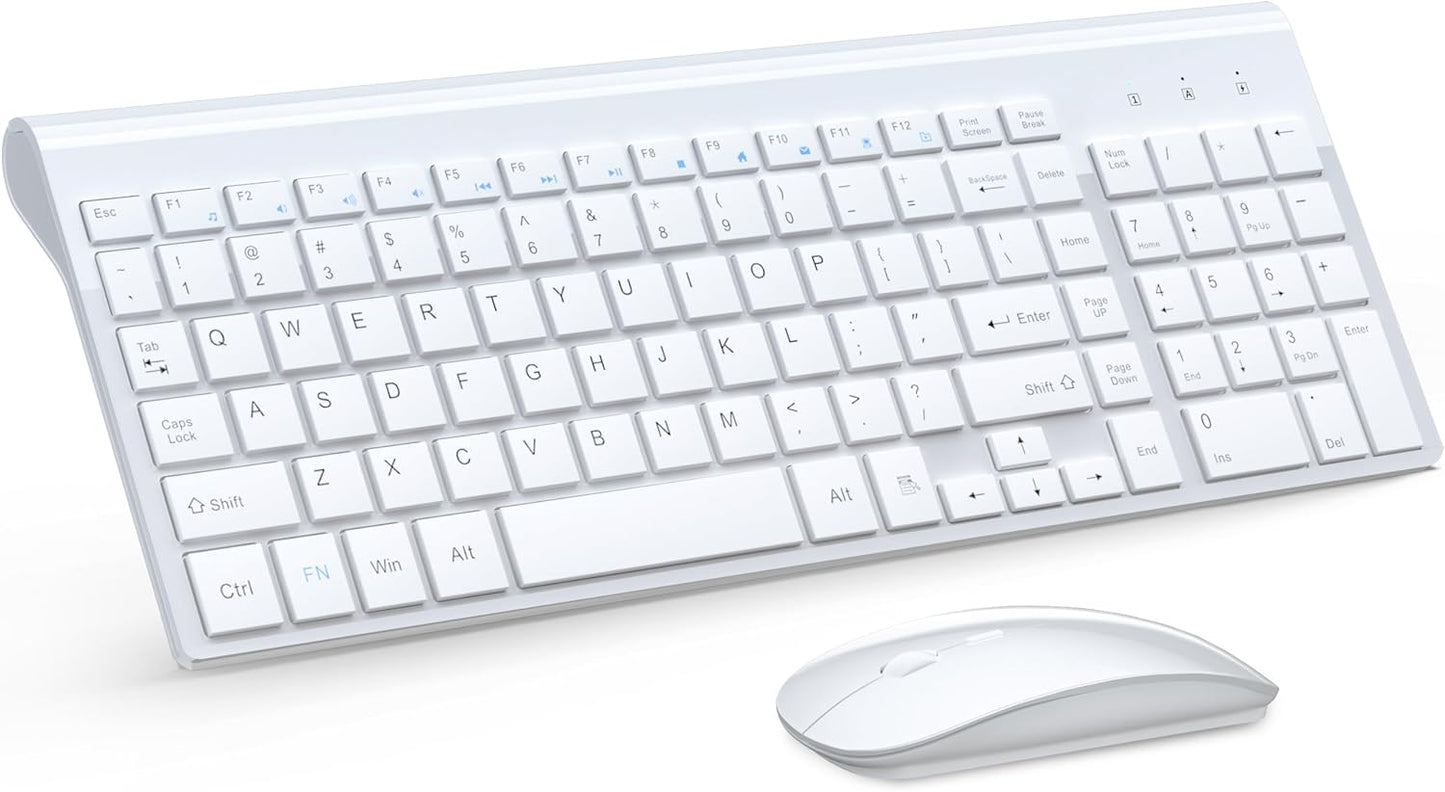 Wireless Keyboard and Mouse Ultra Slim Combo,  2.4G Silent Compact USB 2400DPI Mouse and Scissor Switch Keyboard Set with Cover, Batteries Included, for Pc/Laptop/Windows/Mac - White