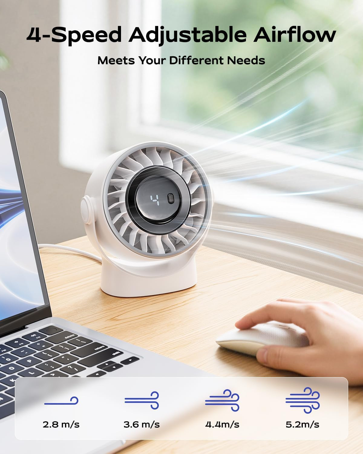 USB Small Desk Fan - 5 Inch Mini Personal Desktop Fan, 4 Speeds Cooling Strong Airflow, 360° Adjustable Tilt, Quiet Portable Table Fans for Bedroom, Home, Office, Travel & Cruise, White