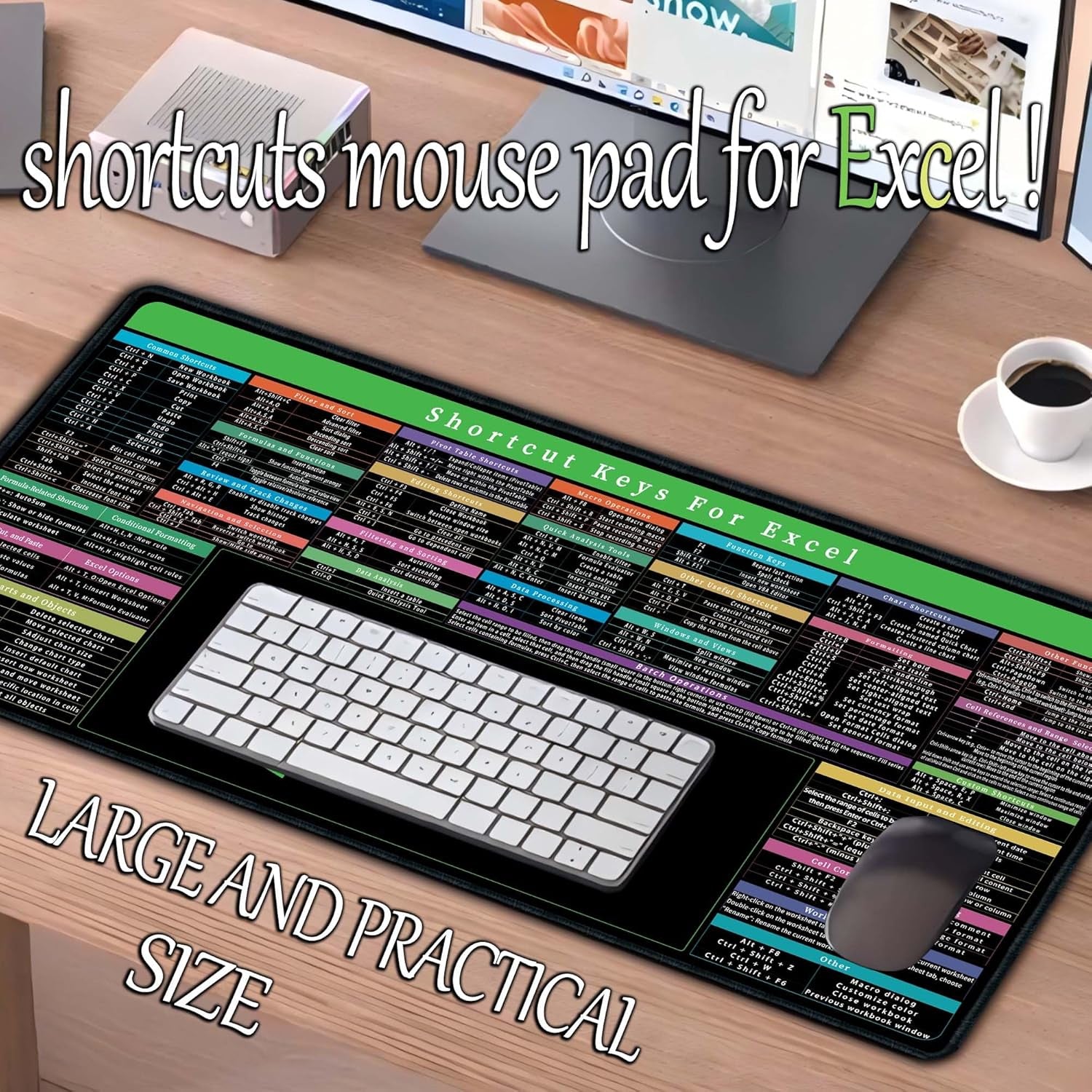 Excel Cheat Sheet Desk Pad with Keyboard Area – 150+ Shortcuts Mouse Pad for Home, Office, and Gaming – Non-Slip and Waterproof – 31.5" x 11.8