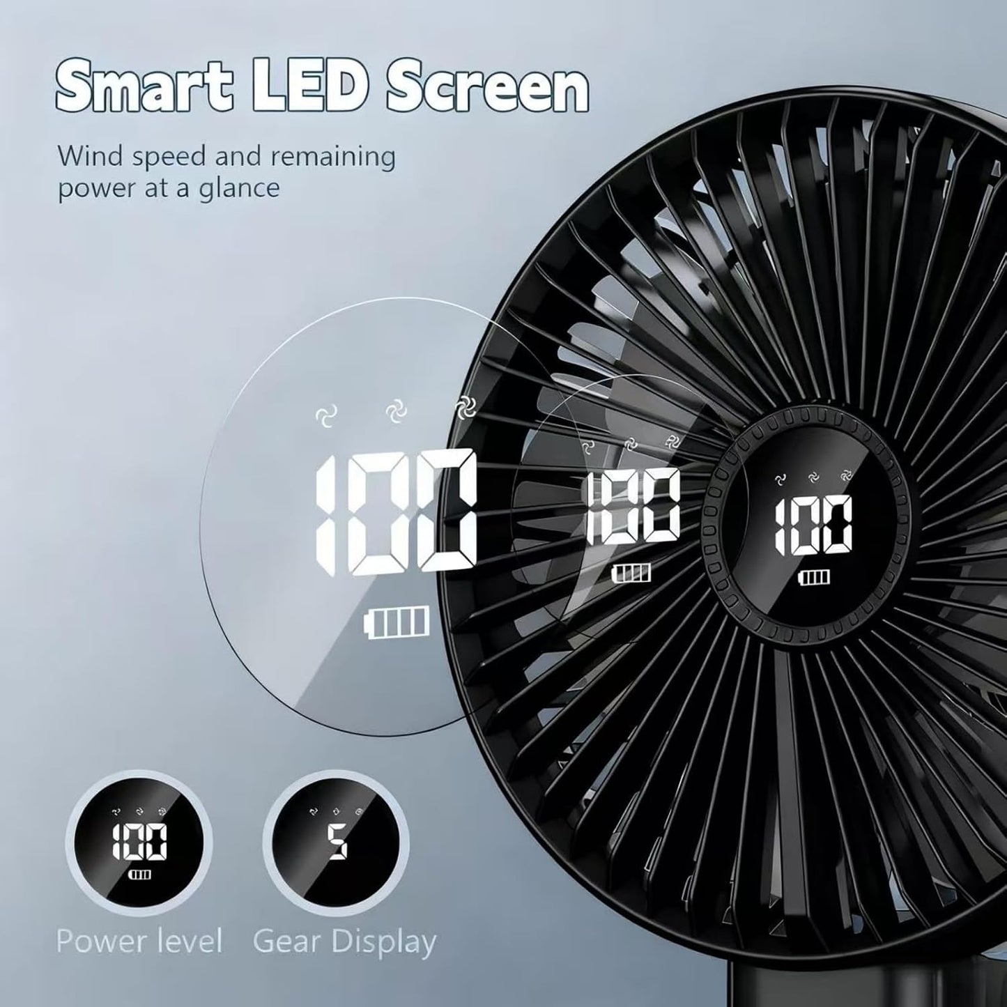Large Portable Handheld Desk Fan, 6 Inch Blades for Travel | 180° Foldable, 5 Speeds, LED Display, Battery Rechargeable USB, up to 8.5H Working Time,Indoor,Ourdoor,Camping