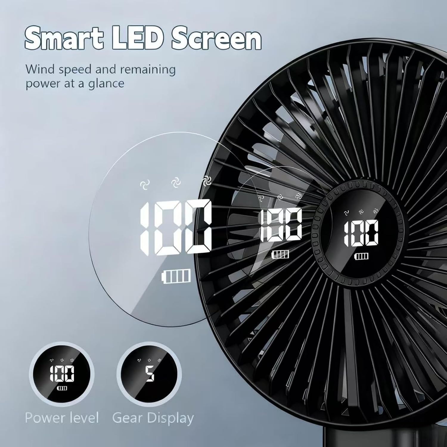 Large Portable Handheld Desk Fan, 6 Inch Blades for Travel | 180° Foldable, 5 Speeds, LED Display, Battery Rechargeable USB, up to 8.5H Working Time,Indoor,Ourdoor,Camping