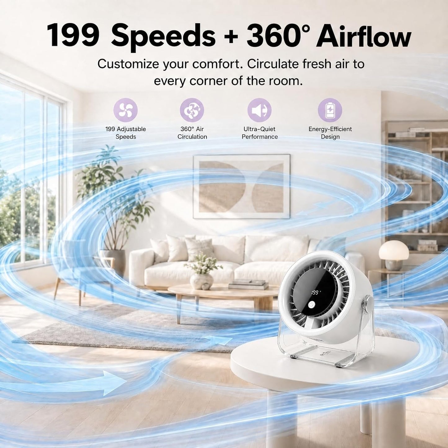 Portable Desk Fan for Bedroom, 199 Speeds Rechargeable USB Table Fan with 4000Mah Battery, 360° Rotation, LED Display, Quiet Wall-Mountable Personal Cooling Fan for Home Office (White)