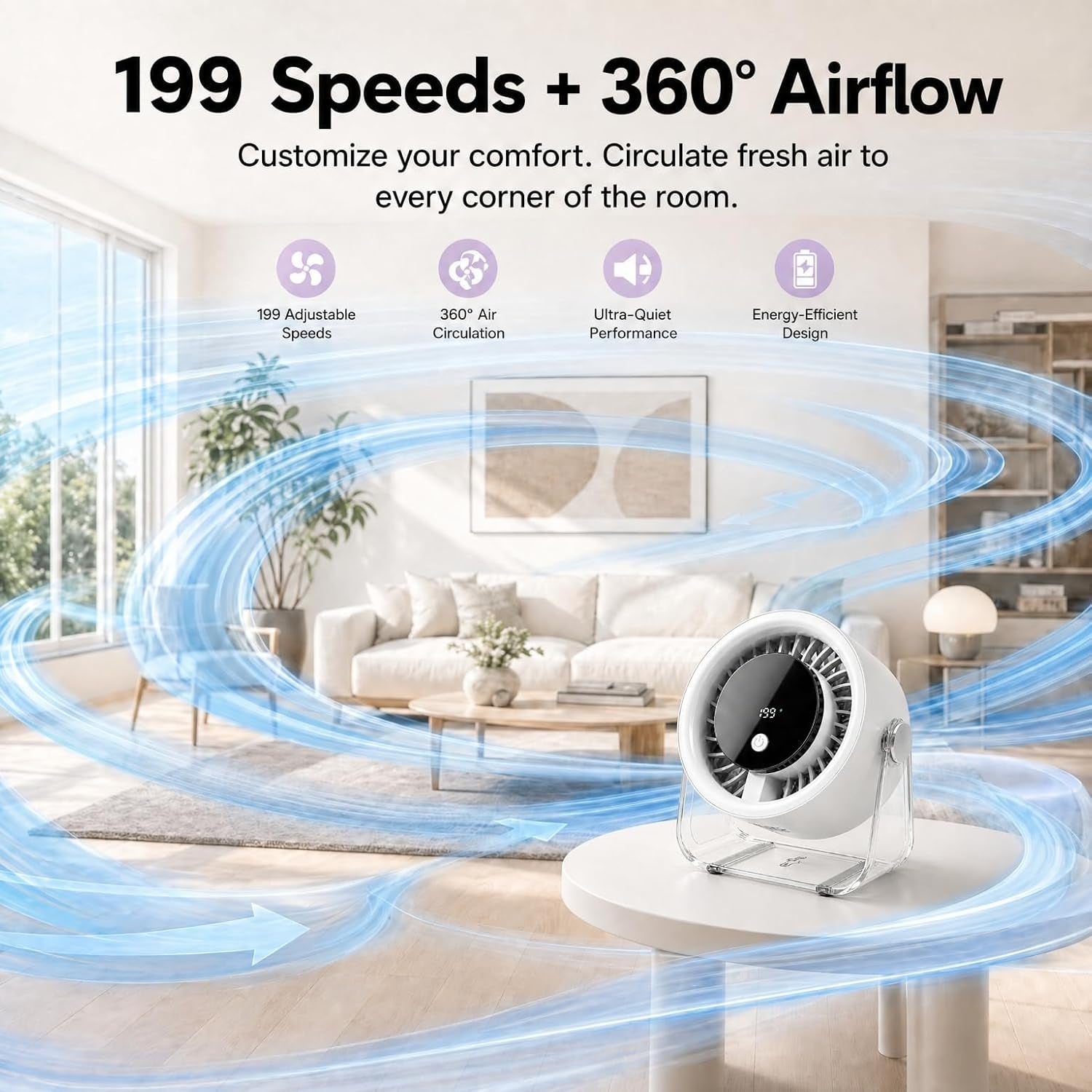 Portable Desk Fan for Bedroom, 199 Speeds Rechargeable USB Table Fan with 4000Mah Battery, 360° Rotation, LED Display, Quiet Wall-Mountable Personal Cooling Fan for Home Office (White)